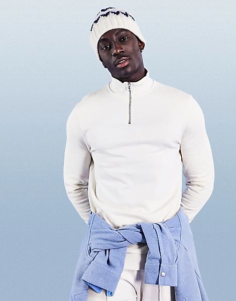 ASOS DESIGN – Sweatshirt in hellem Beige mit halblangem Reißverschluss, Kom günstig online kaufen