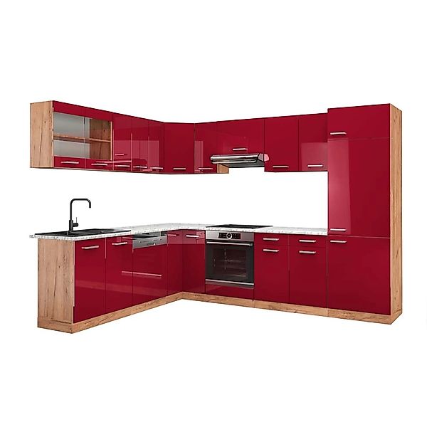 Vicco R-Line Eckküche Bordeaux Hochglanz/Goldkraft Eiche 227 x 287 cm AP Ma günstig online kaufen