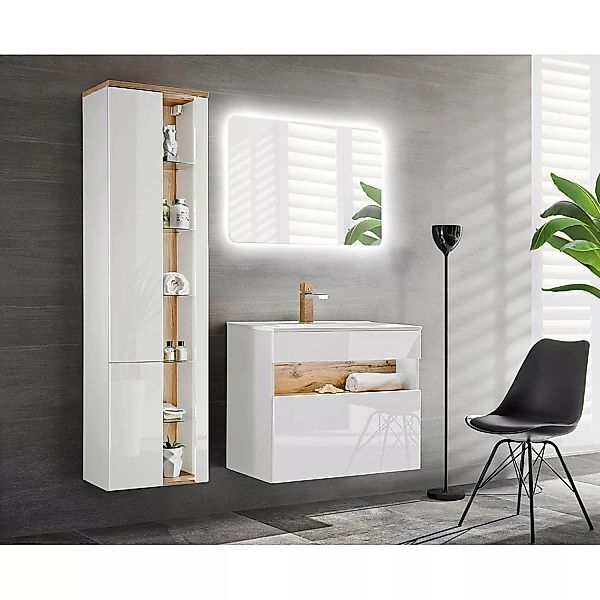 Badmöbel Set mit Keramik-Waschtisch inkl LED BERMUDA-56 in Weiß-Hochglanz m günstig online kaufen