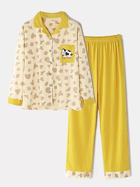 Damen Baumwolldruck Gerippter Turn-Down-Kragen Gemütliche lange Pyjamas-Set günstig online kaufen