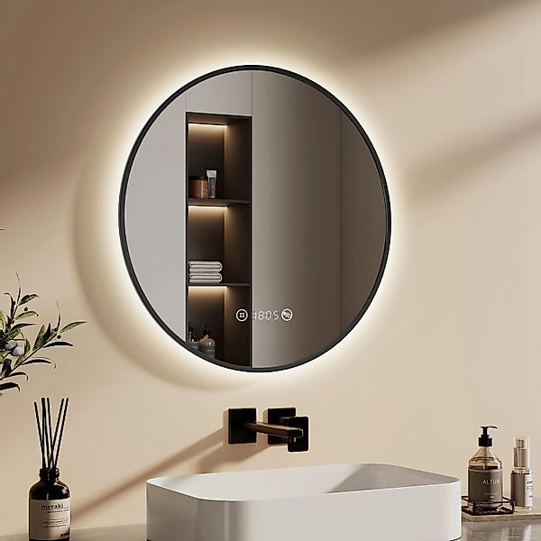 Emke Rund LED Badspiegel 60 cm Spiegel mit Beleuchtung Schwarzer Antibeschl günstig online kaufen