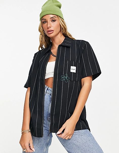 Huf – Hemd mit lockerem Schnitt, Tasche, Blumenstickerei und Nadelstreifen- günstig online kaufen