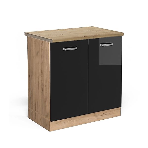 Vicco Spülenunterschrank R-Line Schwarz Hochglanz/Goldkraft Eiche 80 cm AP günstig online kaufen