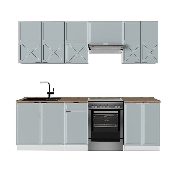 Vicco Fame-Line Küchenzeile Hellblau-grau/Weiß 240 cm AP Eiche günstig online kaufen