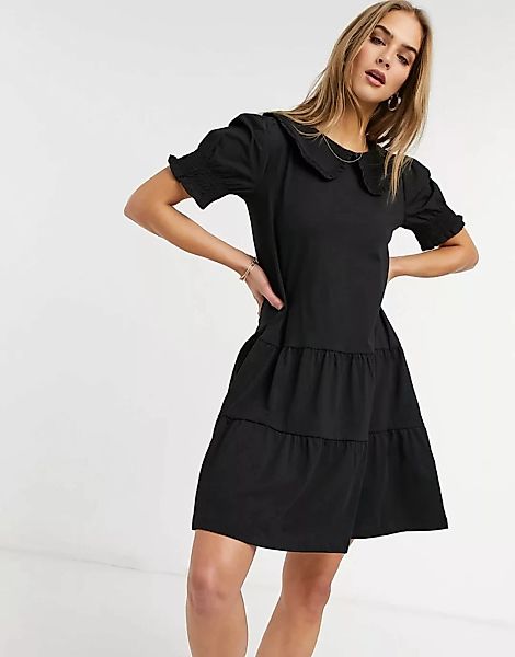 Warehouse – T-Shirt-Kleid mit Kragen in Schwarz günstig online kaufen