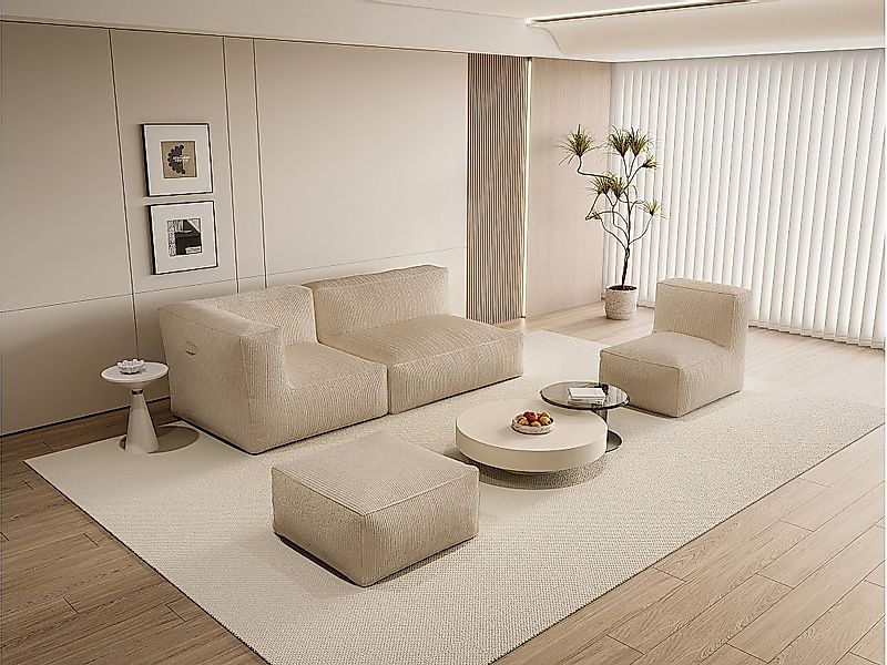 Sofa mit Sessel & Hocker - beliebig kombinierbar - Cord - Beige - NOUMARA günstig online kaufen