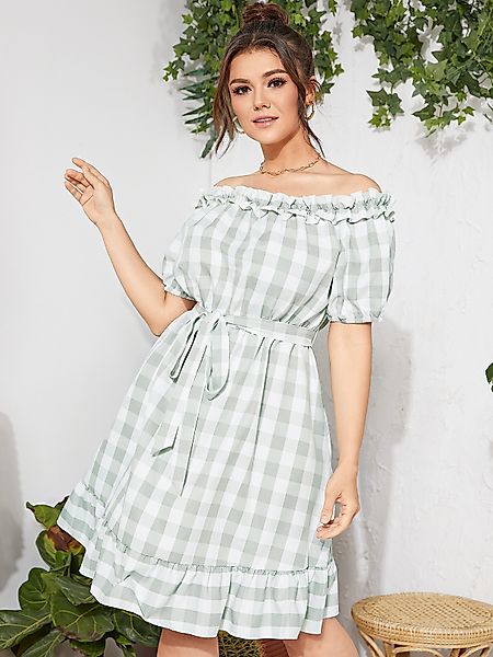 YOINS Plus Größe Kariertes Gürteldesign Schulterfrei Kurze Ärmel Kleid günstig online kaufen