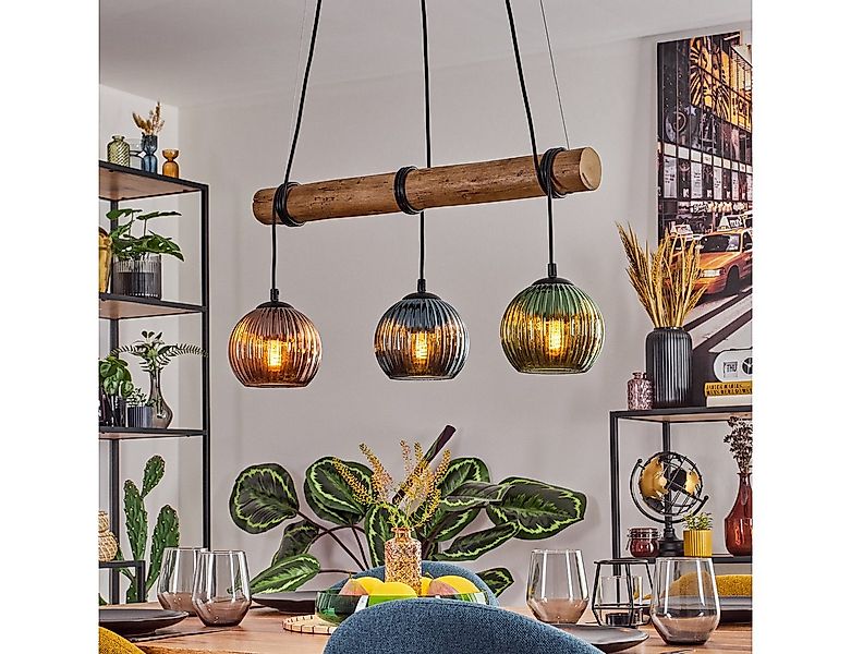 hofstein Pendelleuchte Hängelampe aus Metall/Holz/Riffelglas, Schwarz/Natur günstig online kaufen