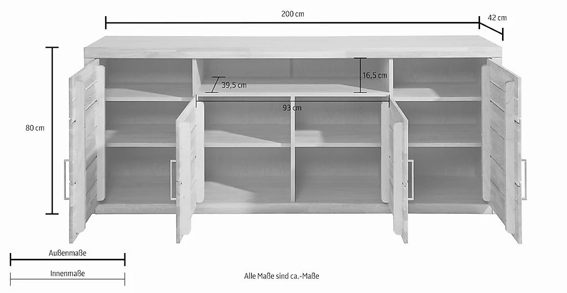 Home affaire Sideboard "Logo,200cm breit,42 cm tief,Fronten Massivholz,11 F günstig online kaufen