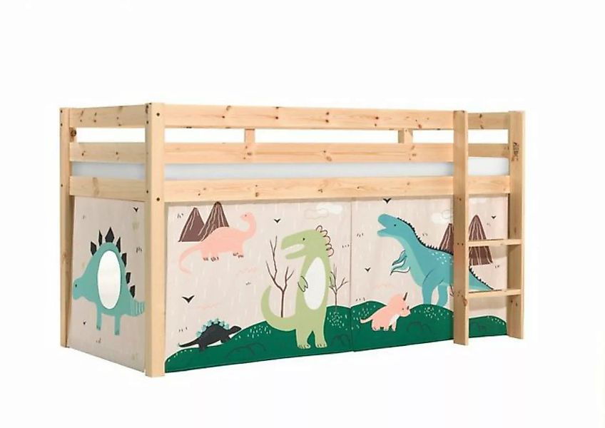 Natur24 Kinderbett Halbhohes Bett Pino mit Textilset Dino Kiefer Natur lack günstig online kaufen