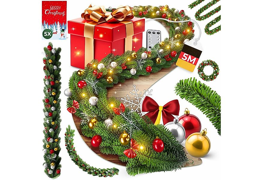 Kunstgirlande Weihnachtsgirlande LED Girlande 5m inkl. Deko-Schmuck & Fernb günstig online kaufen