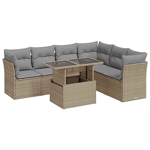 vidaXL 7-Tlg Garten-Sofagarnitur mit Kissen Beige Poly Rattan 3326170 günstig online kaufen