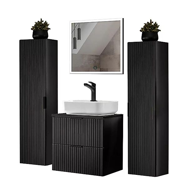 Badmöbel Komplett Set mit LED Spiegel, matt schwarz gerillt, ADELAIDE-56-BL günstig online kaufen