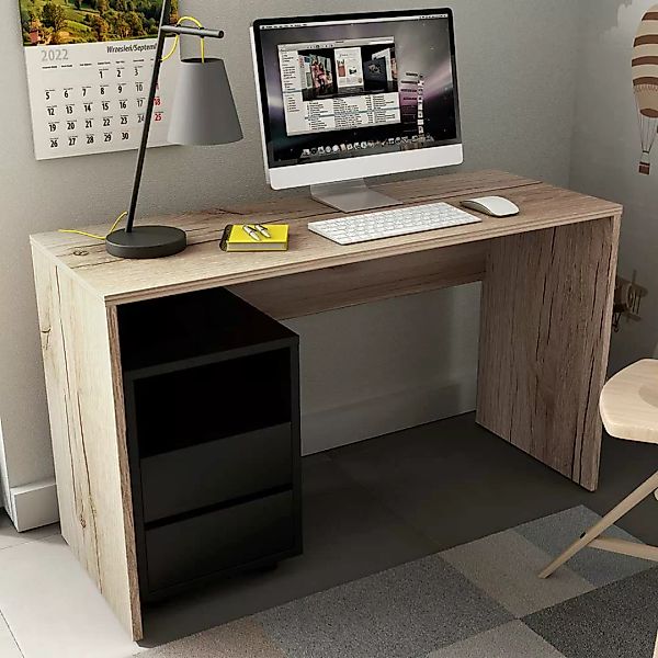 Schreibtisch in Wildeichefarben Rollcontainer in Schwarz (zweiteilig) günstig online kaufen