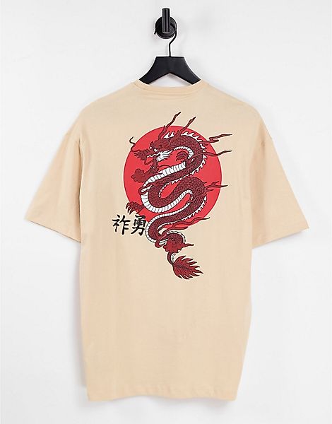Selected Homme – Oversize-T-Shirt in Beige mit Drachen-Print am Rücken-Neut günstig online kaufen