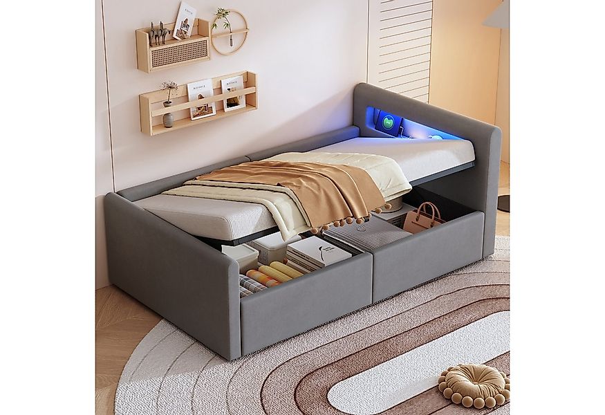 OKWISH Polsterbett Kinderbett Stauraumbett (mit LED-Licht und USB-Ladeansch günstig online kaufen