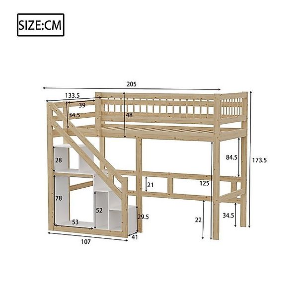 Flieks Hochbett Massivholz Einzelbett Kinderbett 90x200cm mit Stauraumtrepp günstig online kaufen