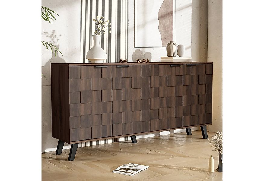 Merax Sideboard mit 4 Türen in dunkler Holzmaserung, geometrische Front (1 günstig online kaufen