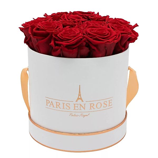 Rosenbox Ø 19 cm Weiß-Roségold mit 14 Bordeaux Rosen günstig online kaufen