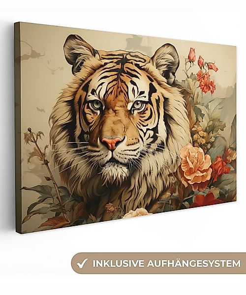 OneMillionCanvasses® Leinwandbild Vintage - Tiger - Blumen - Tiere - Weiß, günstig online kaufen