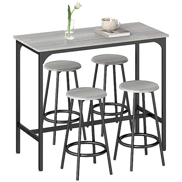 HOMCOM Bartisch Set mit 4 Barhocker MDF Metall Grau 110L x 50B x 89,5H cm günstig online kaufen