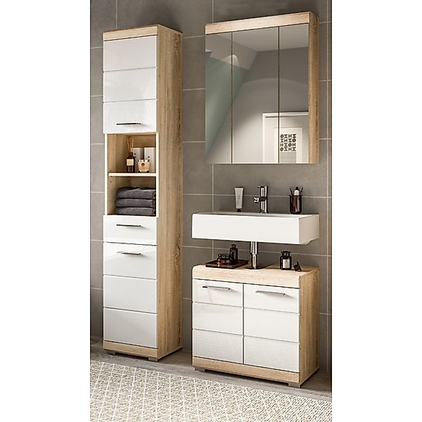 Inn.Furn Badmöbel-Set Weiß Hochglanz Eiche 3-teilig 112 cm Mambo günstig online kaufen