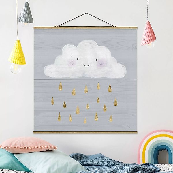 Stoffbild Kinderzimmer mit Posterleisten - Quadrat Wolke mit goldenen Regen günstig online kaufen