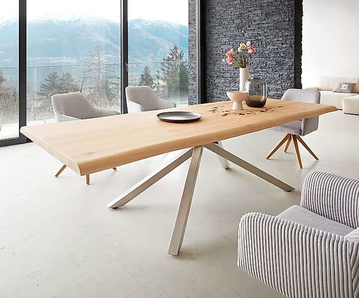 Esstisch Edge 260x100 Eiche Natur Kreuzgestell Rechteck Edelstahl Live-Edge günstig online kaufen