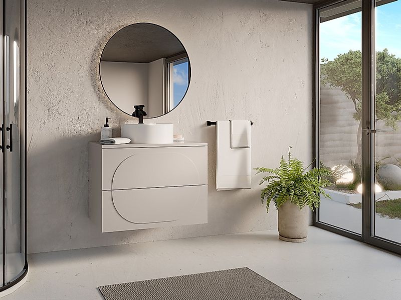 Badmöbel Hängeschrank + Aufsatzwaschbecken rund - Beige - 80 cm - VUTOMA günstig online kaufen