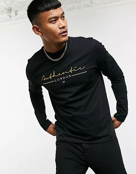 ASOS DESIGN – Langärmliges Shirt mit „Authentic“-Print-Schwarz günstig online kaufen