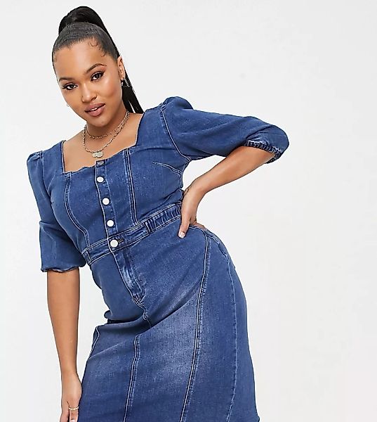 Simply Be – Jeans-Midikleid mit eckigem Ausschnitt in Blau günstig online kaufen