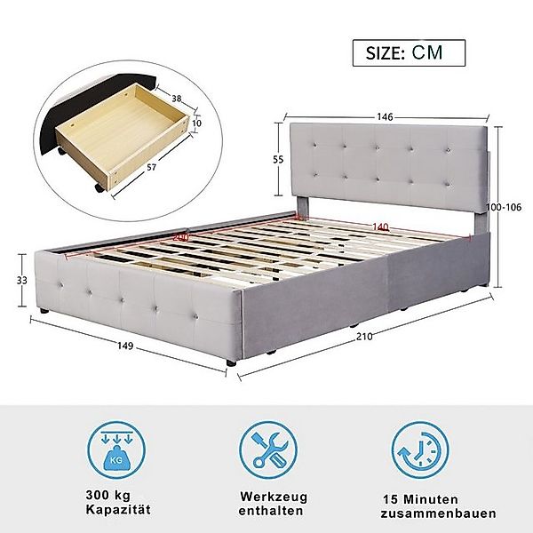 Ulife Polsterbett graues Doppelbett mit Lattenrost & Rückenlehne, 140*200 c günstig online kaufen