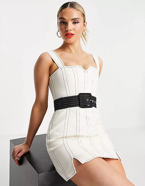 ASOS DESIGN – Strukturiertes Minikleid in Weiß mit kontrastierender Ziernah günstig online kaufen