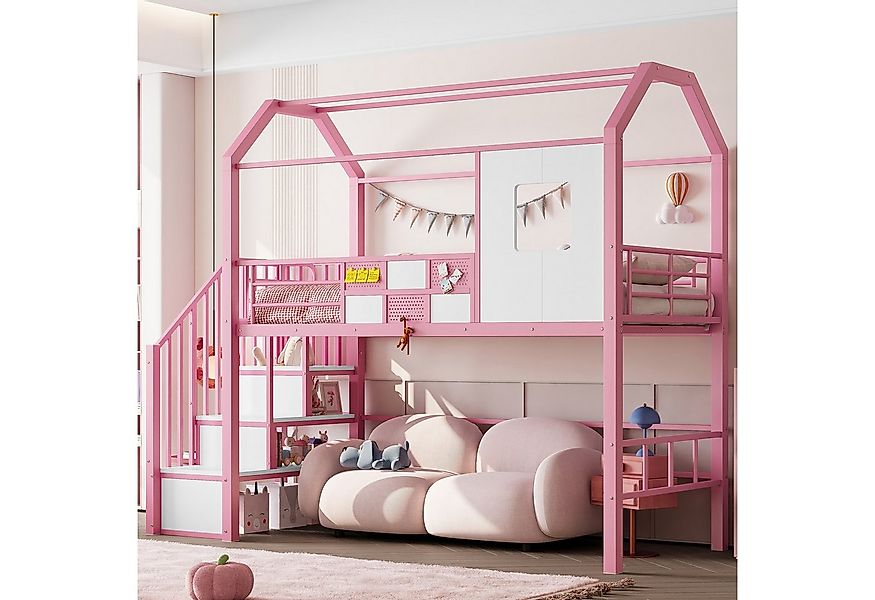 Flieks Hochbett Kinderbett Metall Hausbett 90x200cm mit Stauraumtreppe, Rau günstig online kaufen