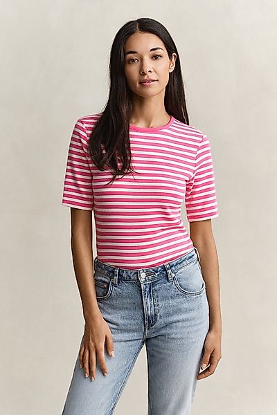 Gant T-Shirt SLIM STRIPED 1X1 RIBBED KA T-SHIRT mit dezentem Logoschriftzug günstig online kaufen