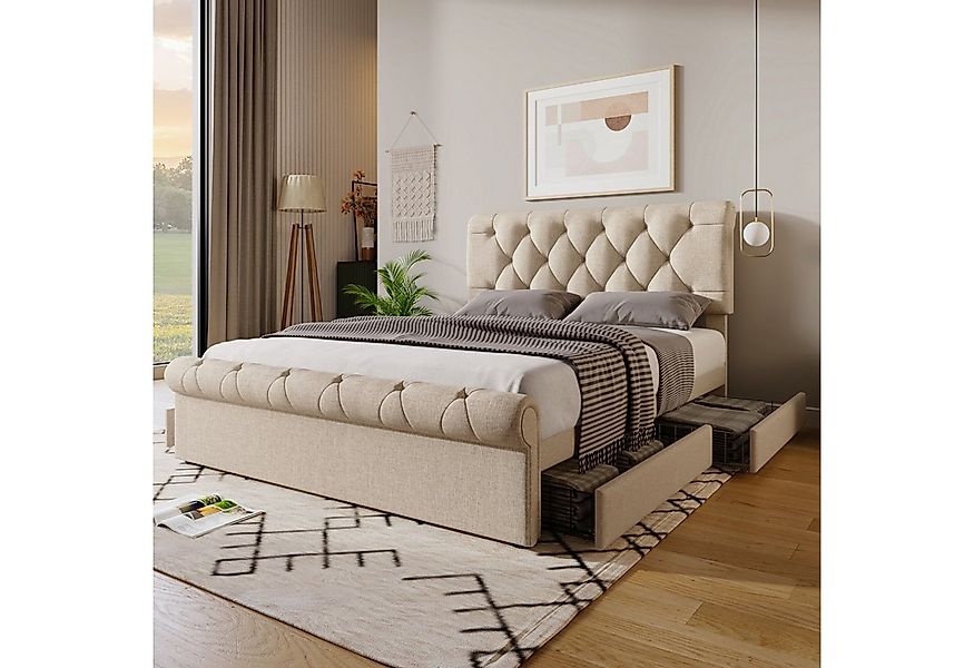Flieks Polsterbett, Doppelbett mit 4 Schubladen Leinen Bezug 140x200cm günstig online kaufen