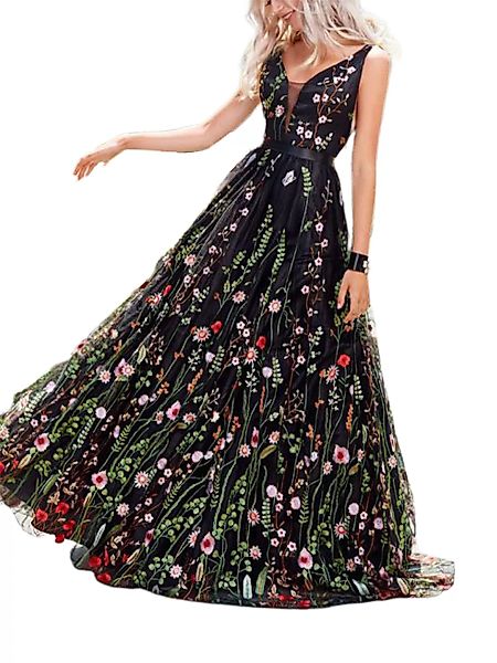 Blumengestickter rückenfreier ärmelloser Abend Kleid günstig online kaufen