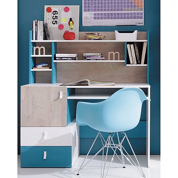Lomadox Schreibtisch PITTSBURGH-133, mit Aufsatzregal, weiß/Eiche/blau günstig online kaufen