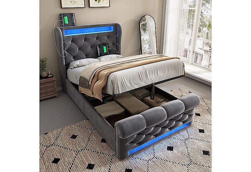 STILVORA Polsterbett 90x200 Einzelbett mit LED,Stauraumkopfteil,USB&TYPE-C, günstig online kaufen