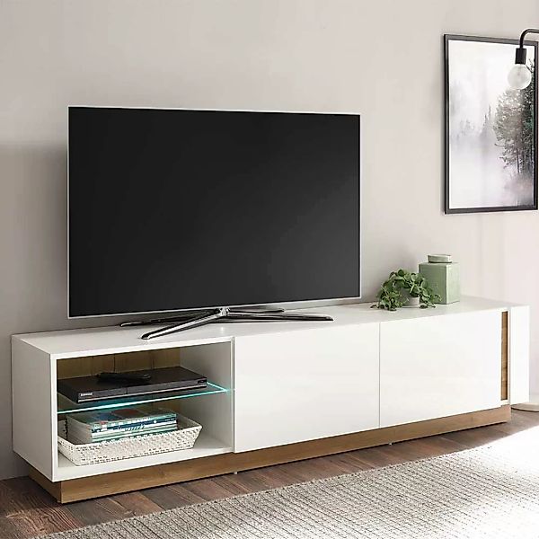 TV Lowboard in Weiß und Wildeiche Optik Klappe günstig online kaufen