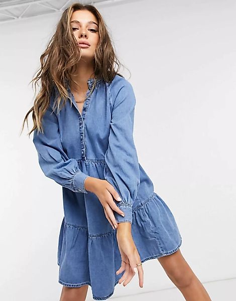 New Look – Kurzes Hängerkleid aus Denim in Blau günstig online kaufen