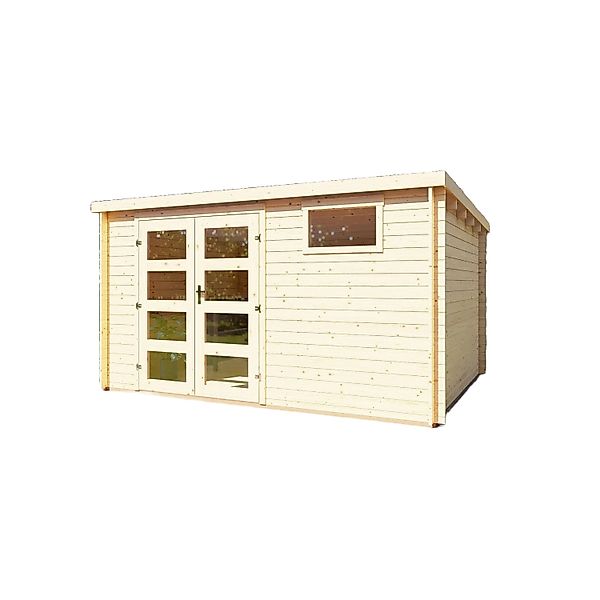 Finn Art Blockhaus 28mm Flachdach Gartenhaus aus Holz Funny 8 4x3m mit Fußb günstig online kaufen