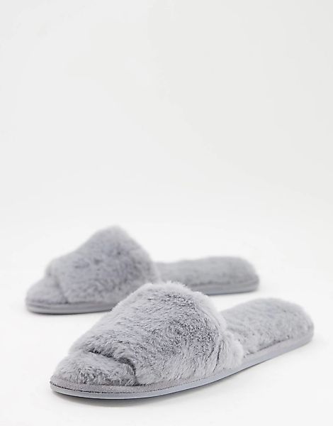 Totes – Hausschuhe in Grau aus Kunstpelz mit offener Zehenpartie günstig online kaufen