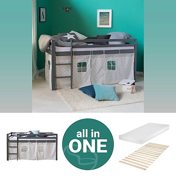 Homestyle4u Kinderhochbett 90x200 Grau mit Lattenrost Matratze 2783 günstig online kaufen