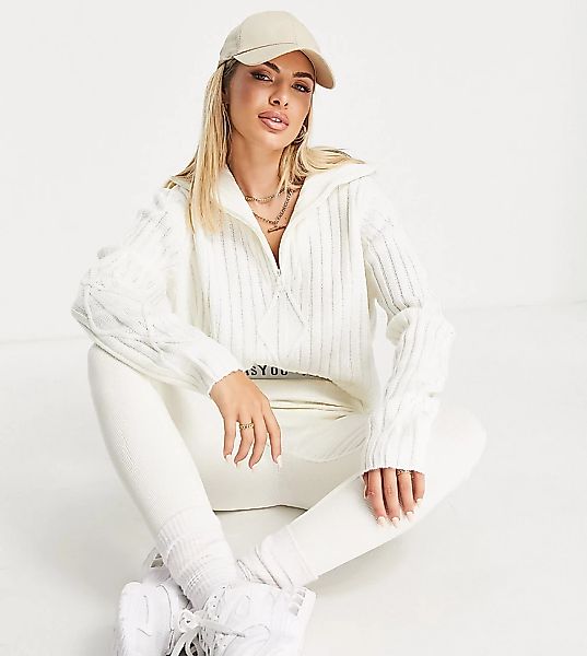 ASYOU – Pullover in Weiß mit Zopfmuster und Reißverschluss am Stehkragen-Br günstig online kaufen