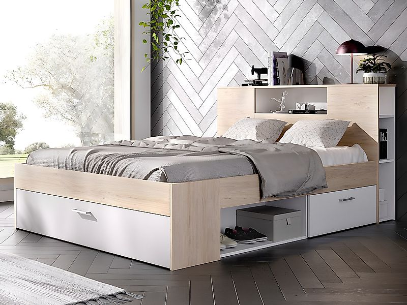 Bett mit Kopfteil, Stauraum & Schubladen + Lattenrost + Matratze - 160 x 20 günstig online kaufen