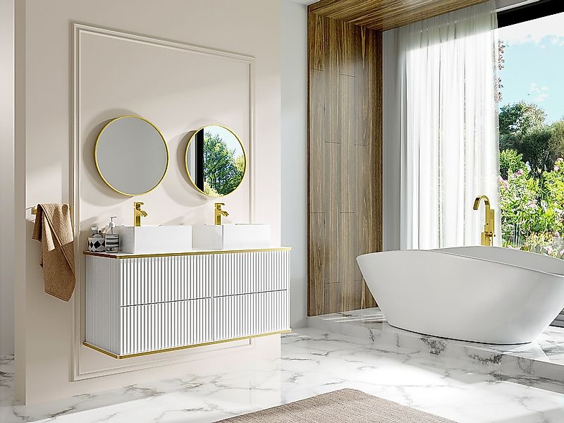 Waschbeckenunterschrank hängend mit Doppelaufsatzwaschbecken - Streifenopti günstig online kaufen