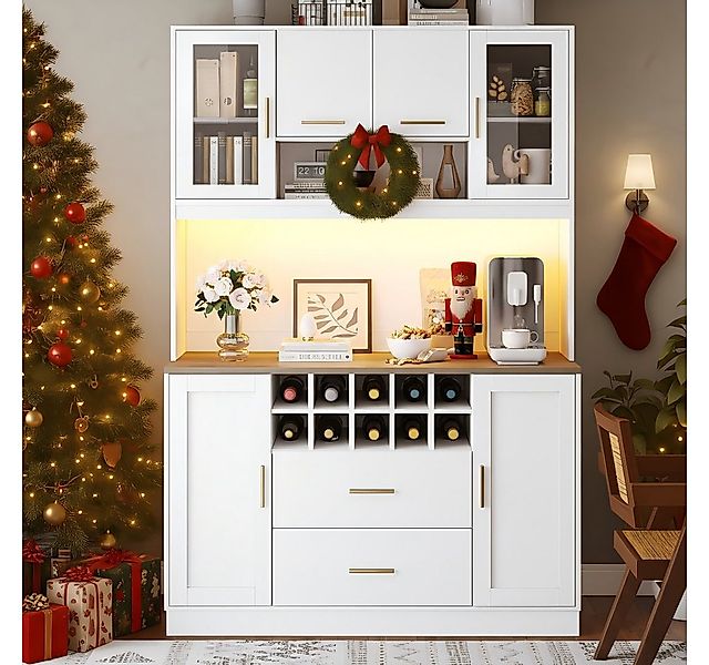 Flieks Küchenbuffet mit LED-Beleuchtung, Steckdose, Weinregal, 2 Schubladen günstig online kaufen