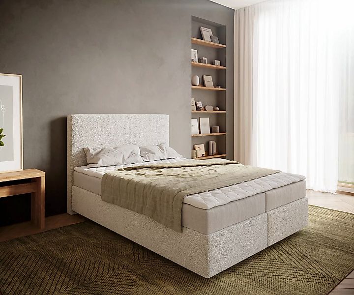 Boxspringbett Dream-Well 140x200 cm Bouclé Creme-Weiß mit Matratze und Topp günstig online kaufen