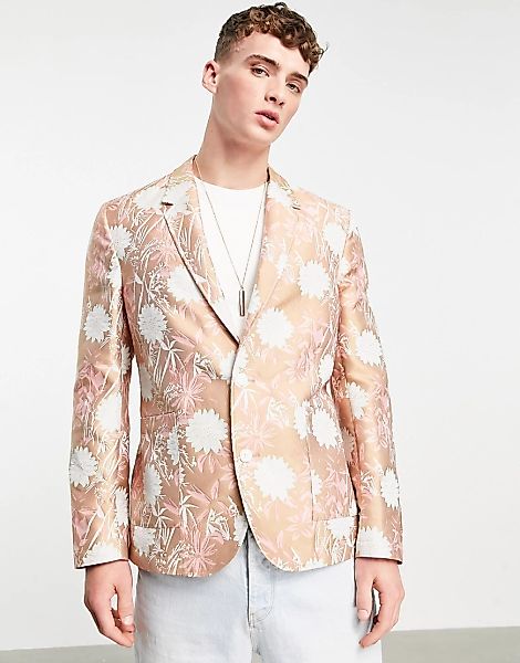ASOS DESIGN – Weicher, eleganter Blazer aus geblümtem Jacquard in Rosa mit günstig online kaufen